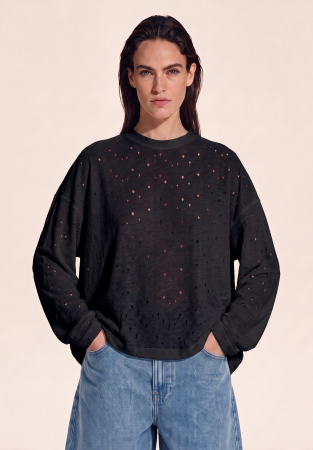Black color oversized long-sleeve made of fabric with decorative perforation